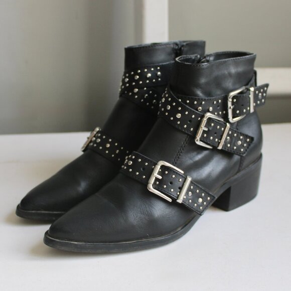 Steve Madden Women's Black Silver Studded Glori Motorcycle Leather Bootie Size 6 - Picture 2 of 7